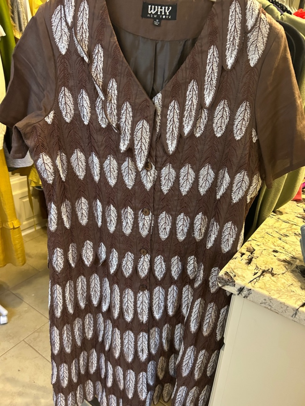 WHY New York Brown Feather-Print Button-Front Dress